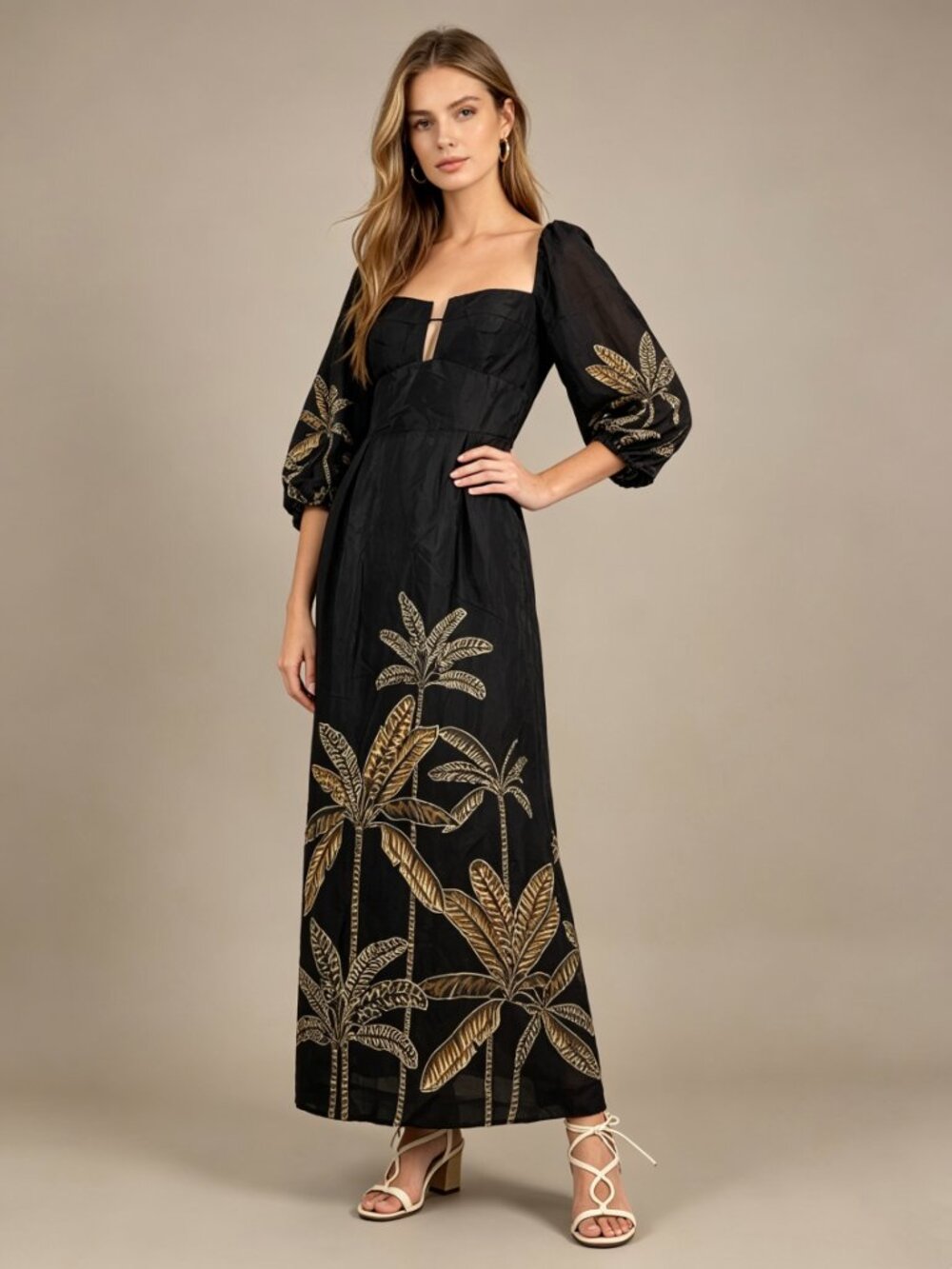NWOT Farm Rio Black Print Puff Sleeves Plant Maxi Dress Size S